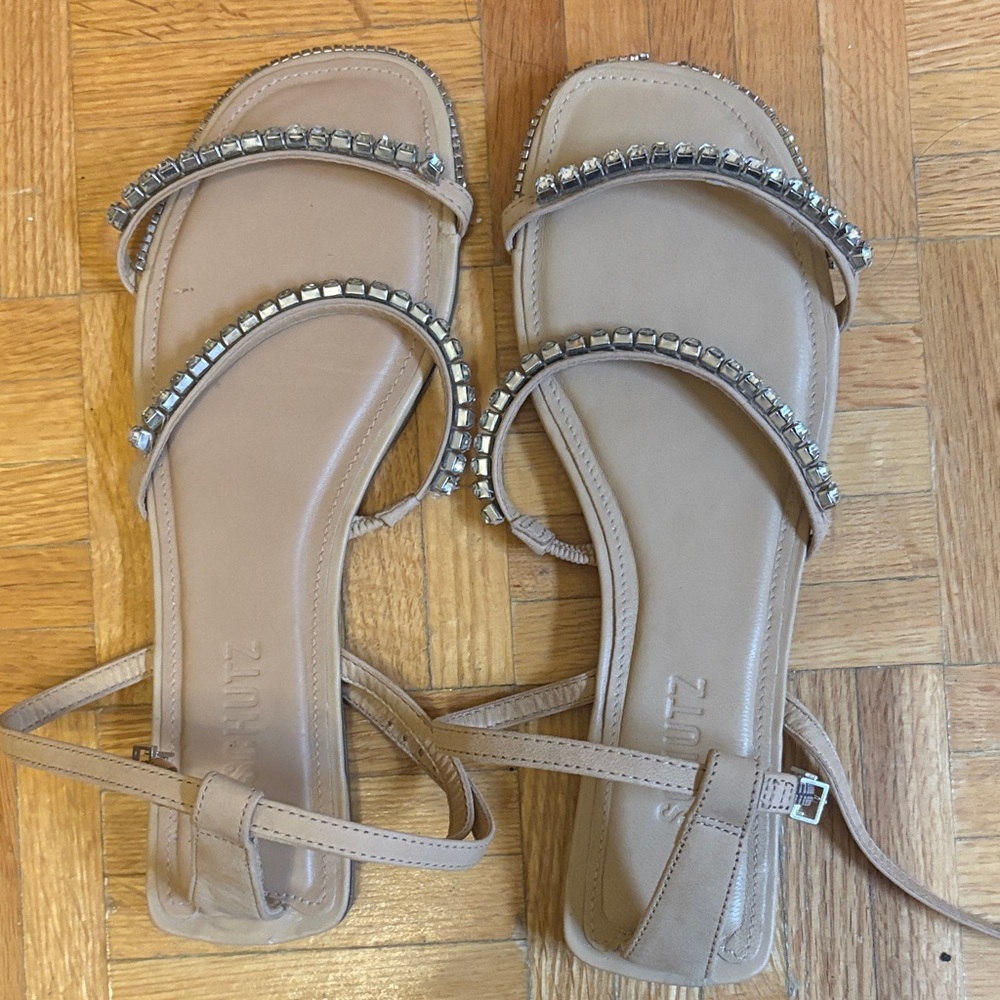 Schutz Loule Nubuck Flat Sandal nude beige embellished rhinestones size 8